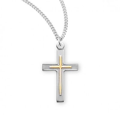Sterling Silver Two Tone Cross with Raised Cross on a 18&quot; Rhodium Plate Chain