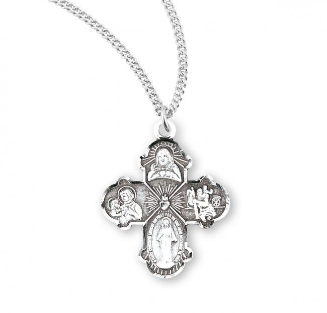 Sterling Silver 4-Way Cross on a 18&quot; Rhodium Plated Chain
