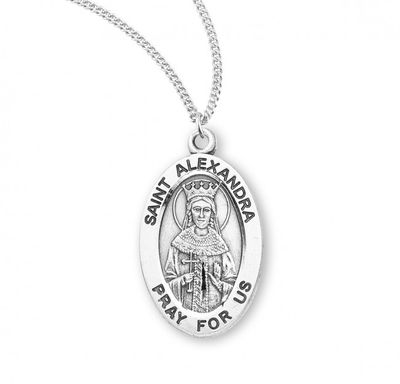 Sterling Silver St. Alexandra Oval Medal on a 18&quot; Rhodium Plate Chain