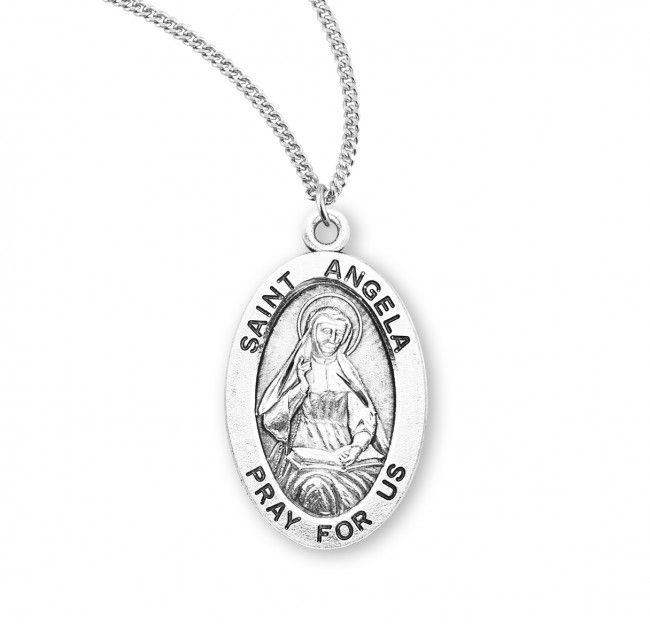 Sterling Silver St. Angela Oval Medal on a 18&quot; Rhodium Plated Chain