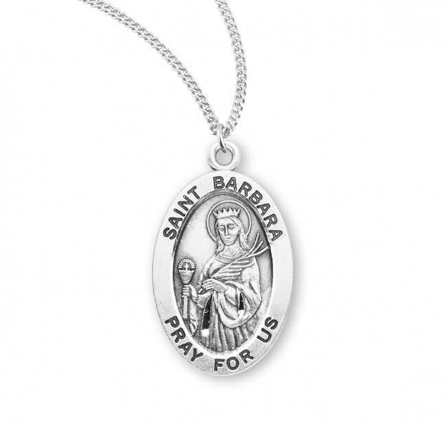 Sterling Silver St. Barbara Oval Medal on a 18&quot; Rhodium Plated Chain