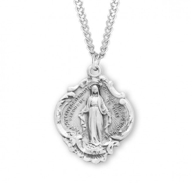 Sterling Silver Large Baroque Miraculous Medal on a 24&quot; Rhodium Plated Chain