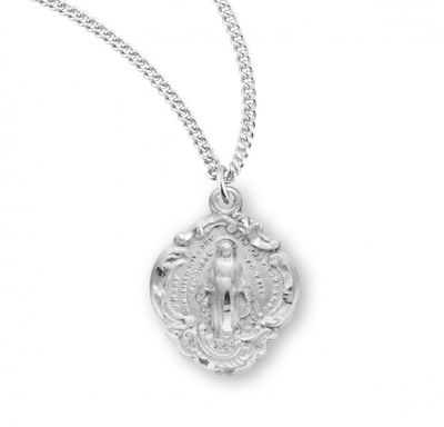 Sterling Silver Fancy Baroque Style Miraculous Medal on a 18&quot; Rhodium Plated Chain