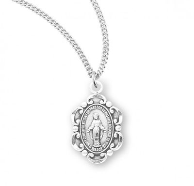 Sterling Silver Oval Fancy Edge Miraculous Medal on a 18&quot; Rhodium Plated Chain