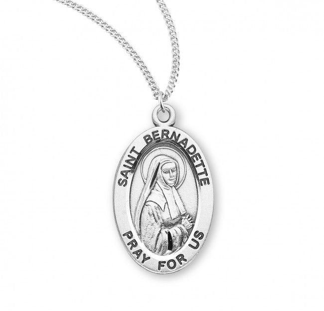 Sterling Silver St. Bernadette Oval Medal on a 18&quot; Rhodium Plated Chain