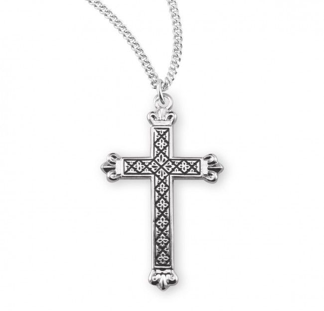 Sterling Silver Blackened Etched Cross on a 18&quot; Rhodium Plated Chain