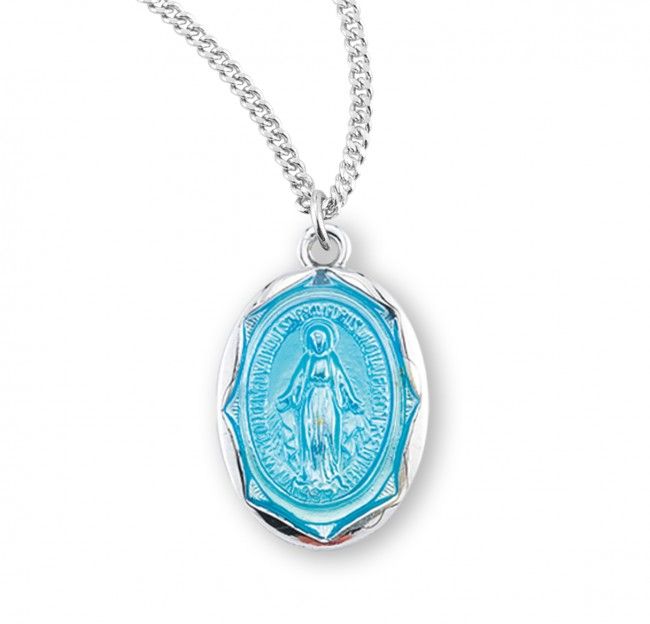 Sterling Silver Blue Enamel Oval Miraculous Medal on a 18&quot; Rhodium Plated Chain