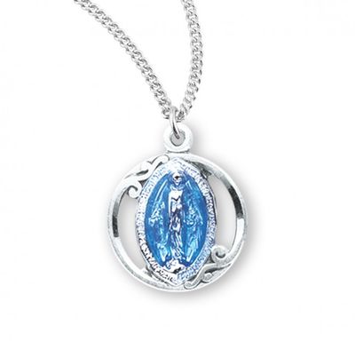 Sterling Silver Blue Enameled Miraculous Medal on a 18&quot; Rhodium Plated Chain