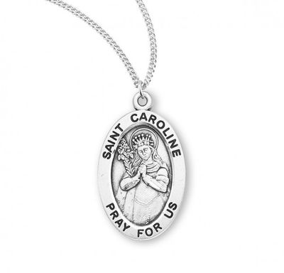 Sterling Silver St. Caroline Oval Medal on a 18&quot; Rhodium Plated Chain