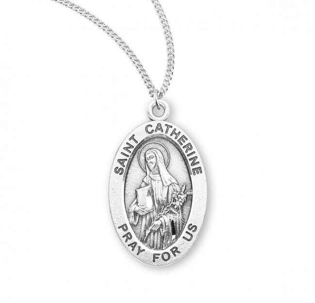 Sterling Silver St. Catherine Oval Medal on a 18&quot; Rhodium Plated Chain