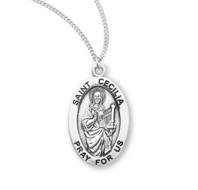 Sterling Silver St. Cecilia Oval Medal on a 18&quot; Rhodium Plated Chain