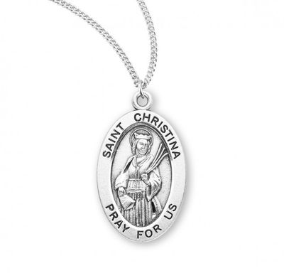 Sterling Silver St. Christina Oval Medal on a 18&quot; Rhodium Plated Chain