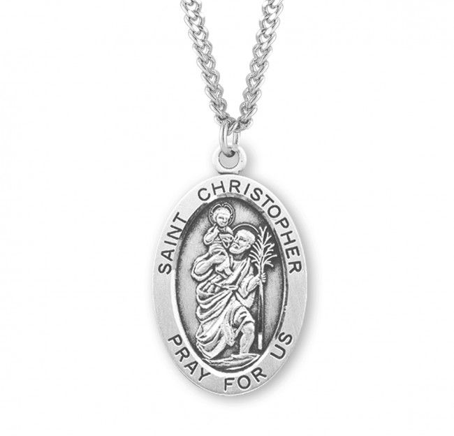 Sterling Silver St. Christopher Oval Medal on a 24&quot; Rhodium Plated Chain