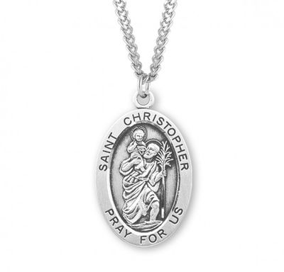 Sterling Silver St. Christopher Oval Medal on a 24&quot; Rhodium Plated Chain