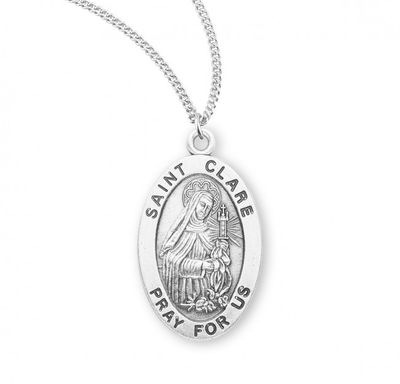Sterling Silver St. Clare Oval Medal on a 18&quot; Rhodium Plated Chain