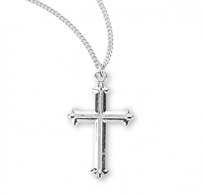 Sterling Silver Cross in High Polish with Fluer de Lis Tips on a 18&quot; Rhodium Plated Chain