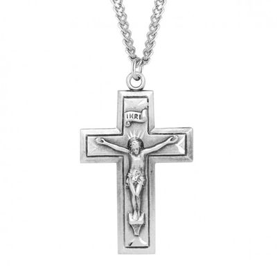 Sterling Silver Plain Crucifix with Border on a 24&quot; Rhodium Plated Chain