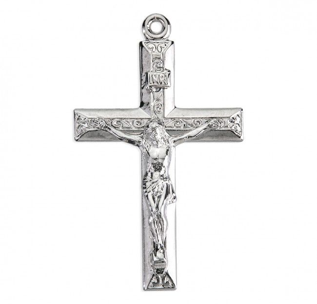 Sterling Silver Crucifix with Raised Design on a 20" Rhodium Plated Chain Sterling Silver Crucifix with Raised Design on a 20" Rhodium Plated Chain