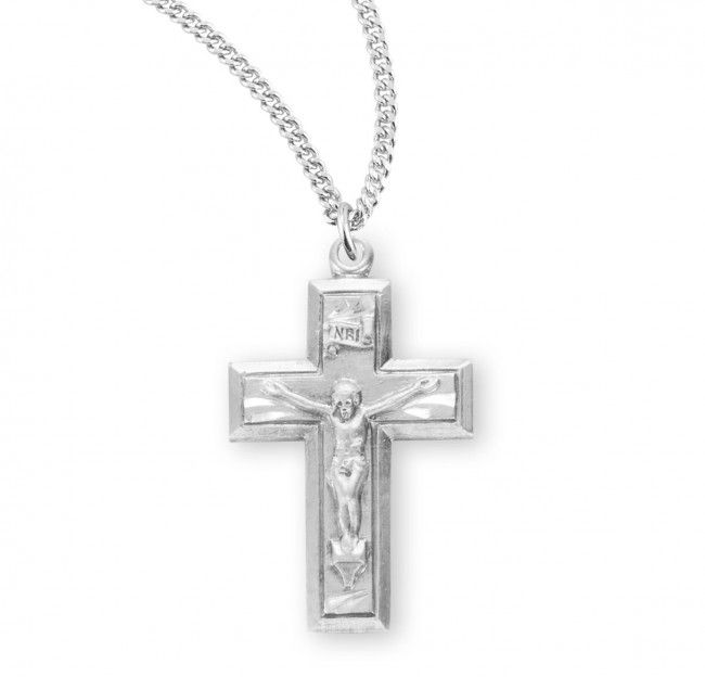 Sterling Silver Small Wide Crucifix with Border on a 18&quot; Rhodium Plated Chain
