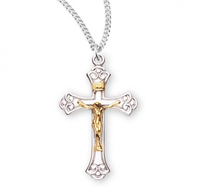 Sterling Silver Fancy Two Tone Crucifix on a 18&quot; Rhodium Plated Chain