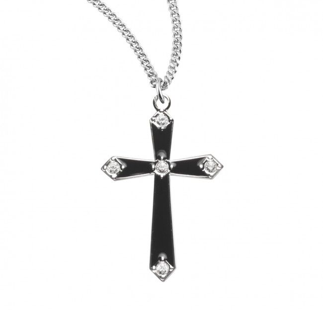 Sterling Silver Medium Black Enameled Cross with Stones on a 18&quot;  Rhodium Plated Chain