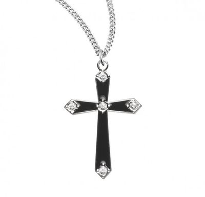 Sterling Silver Medium Black Enameled Cross with Stones on a 18&quot;  Rhodium Plated Chain