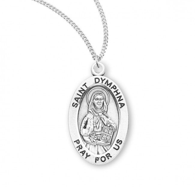 Sterling Silver St. Dymphna Oval Medal on a 18&quot; Rhodium Plated Chain