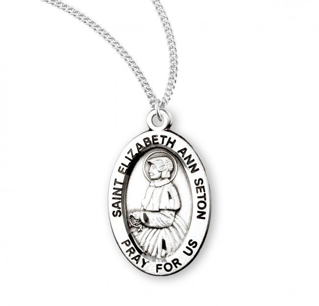 Sterling Silver St. Elizabeth Ann Seton Oval Medal on a 18&quot; Rhodium Plated Chain