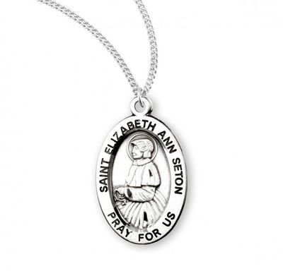 Sterling Silver St. Elizabeth Ann Seton Oval Medal on a 18&quot; Rhodium Plated Chain