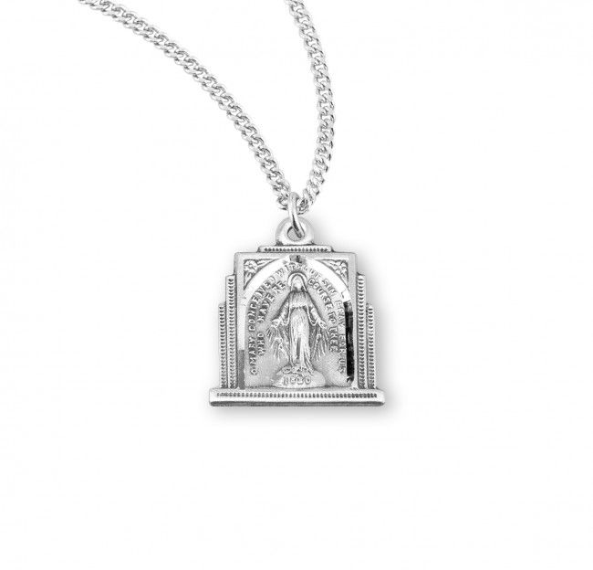 Sterling Silver Multi-Step Art Deco Style Miraculous Medal on a 18&quot;  Rhodium Plated Chain