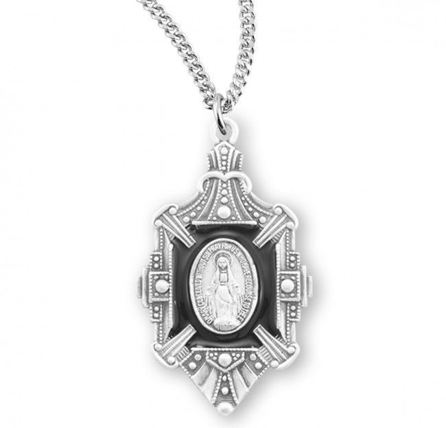 Sterling Silver Fancy Edged Black Enameled Miraculous Medal on a 18&quot; Rhodium Plated Chain