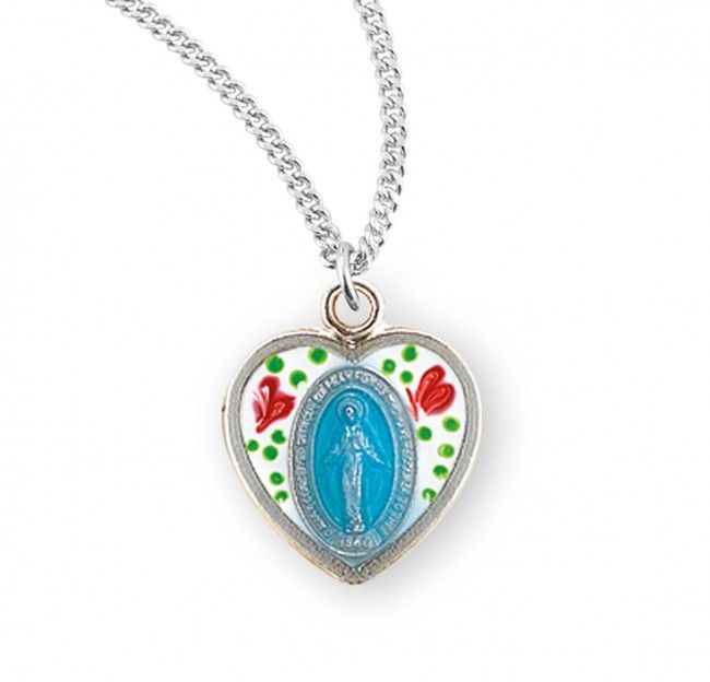 Sterling Silver Flower Enameled Heart Shaped Miraculous Medal on a 18&quot; Rhodium Plated Chain