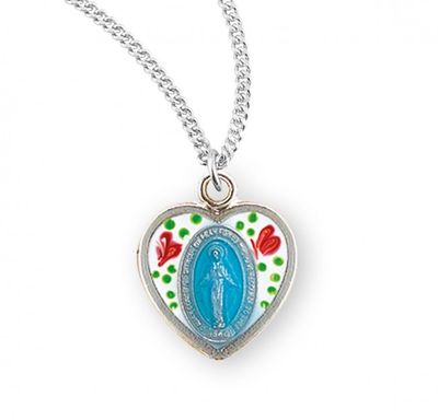 Sterling Silver Flower Enameled Heart Shaped Miraculous Medal on a 18&quot; Rhodium Plated Chain