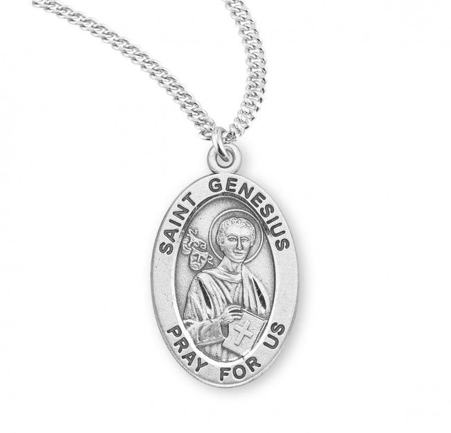 Sterling Silver St. Genesius Oval Medal on a 18&quot; Rhodium Plated Chain