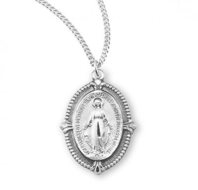Sterling Silver Medium Beaded Miraculous Medal on a 18&quot; Rhodium Plated Chain