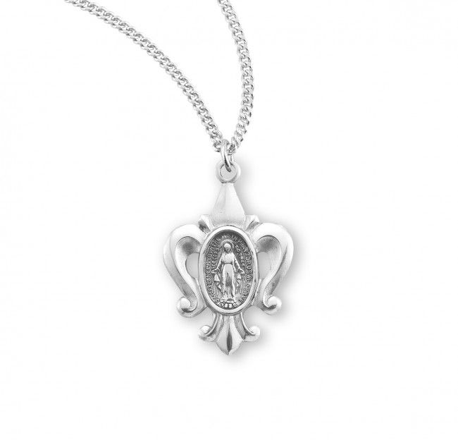 Sterling Silver Fluer De Lis Miraculous Medal on a 18&quot; Rhodium Plated Chain