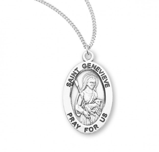 Sterling Silver St. Genevieve Oval Medal on a 18&quot; Rhodium Plated Chain