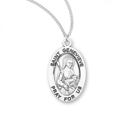 Sterling Silver St. Genevieve Oval Medal on a 18&quot; Rhodium Plated Chain