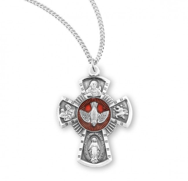 Sterling Silver Small 4-Way with Red Holy Spirit on a 18&quot; Rhodium Plated Chain