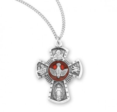 Sterling Silver Small 4-Way with Red Holy Spirit on a 18&quot; Rhodium Plated Chain