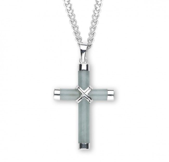 Sterling Silver Genuine Aventurine Jadeite Cross on a 20" Rhodium Plated Chain Sterling Silver Genuine Aventurine Jadeite Cross on a 20" Rhodium Plated Chain