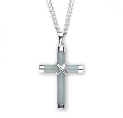 Sterling Silver Genuine Aventurine Jadeite Cross on a 20&quot; Rhodium Plated Chain