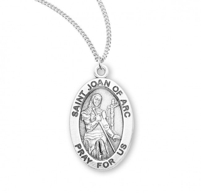 Sterling Silver St. Joan Of Arc Oval Medal on a 18&quot; Rhodium Plated Chain