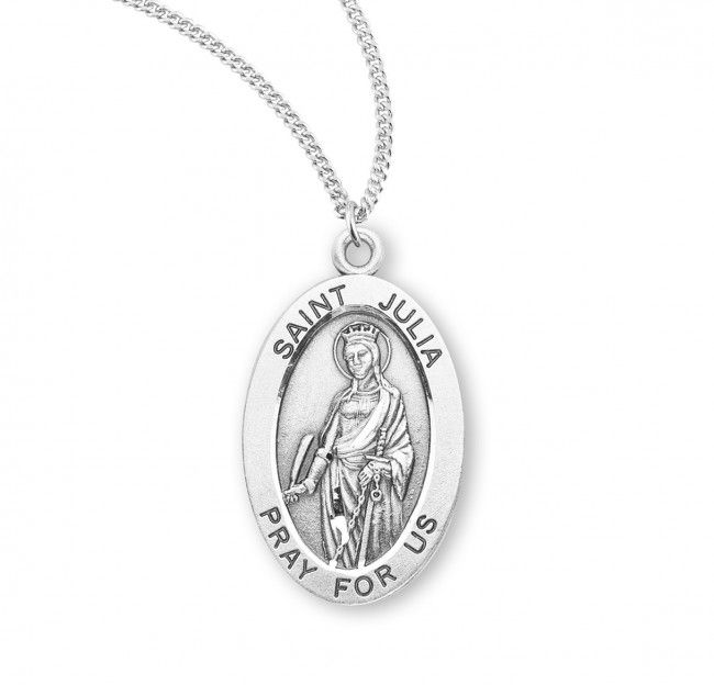 Sterling Silver St. Julia Oval Medal on a 18&quot; Rhodium Plated Chain