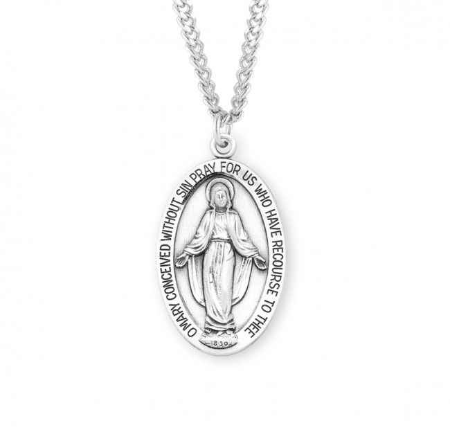 Sterling Silver Large Oval Miraculous Medal on a 24&quot; Rhodium Plated Chain