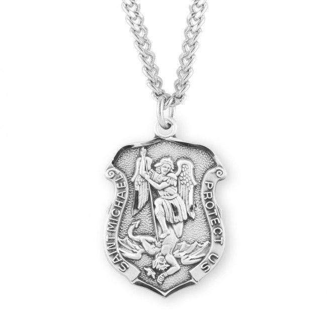 Sterling Silver Large St. Michael Shield Badge on a 24&quot; Rhodium Plated Chain