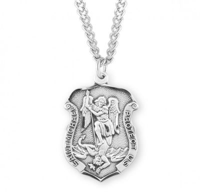 Sterling Silver Large St. Michael Shield Badge on a 24&quot; Rhodium Plated Chain