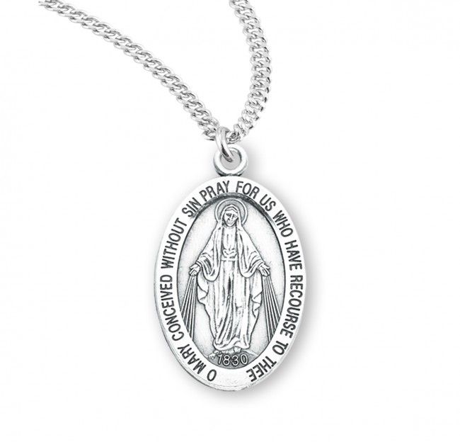 Sterling Silver Large Oval Miraculous Medal on a 20&quot; Rhodium Plated Chain
