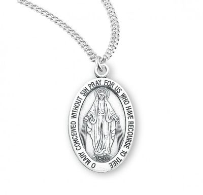 Sterling Silver Large Oval Miraculous Medal on a 20&quot; Rhodium Plated Chain
