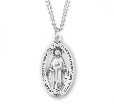 Sterling Silver Large  Oval Miraculous Medal on a 24&quot; Rhodium plated Chain